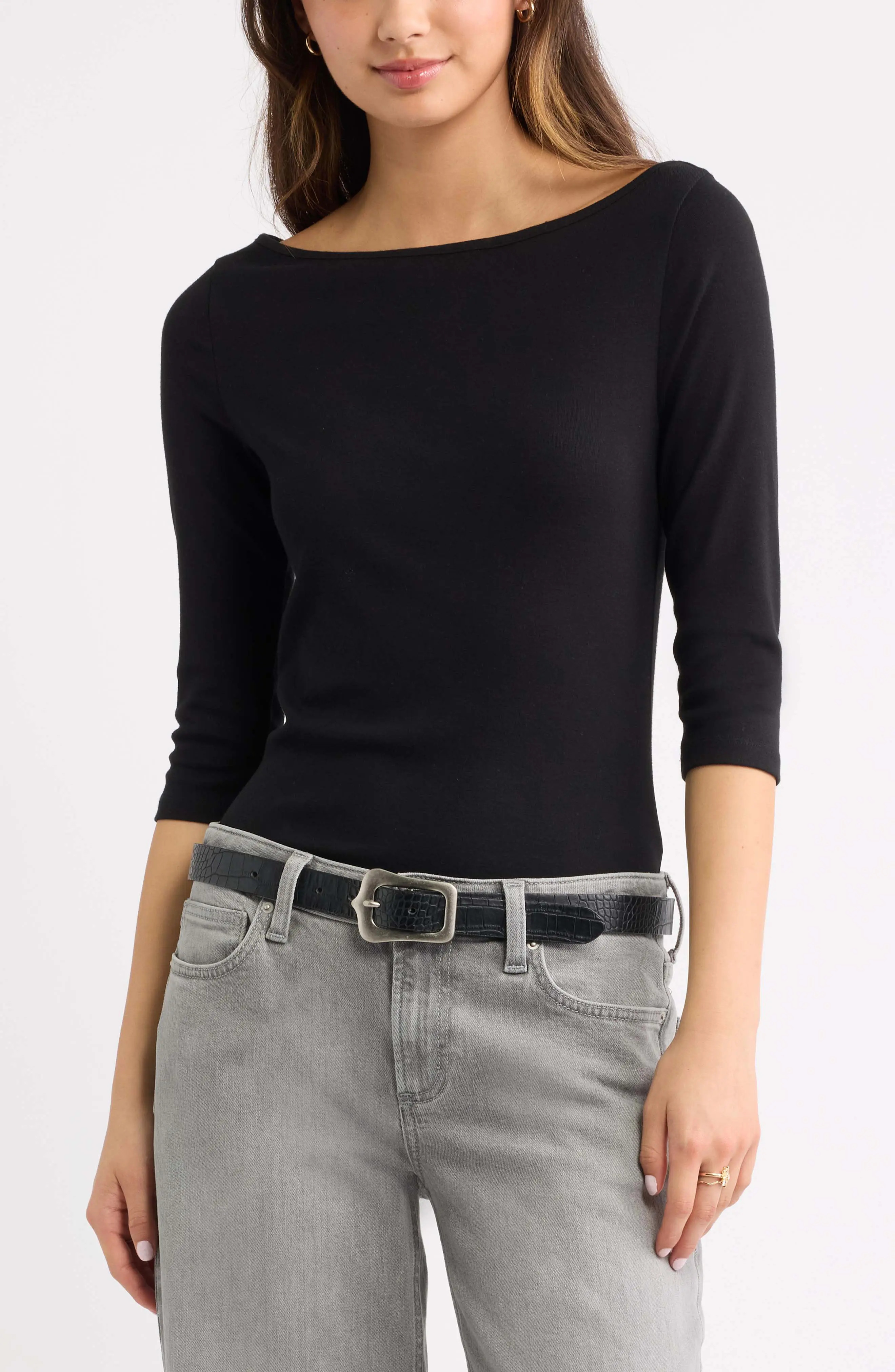 BP. Boat Neck Three-Quarter Sleeve Top in Blue Breeze at Nordstrom, Size Small | Nordstrom