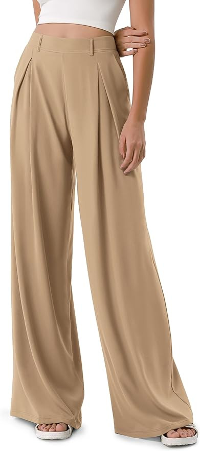 ODODOS Chiffon Flowy Pleated Wide Leg Pants for Women Lightweight High Waist Trouser with Pockets... | Amazon (US)