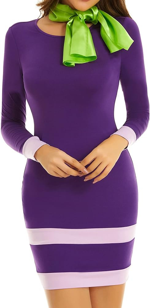 MSBASIC Halloween Costume Women Adult Purple Mini Dress Classic Cosplay Outfits With Scarf | Amazon (US)