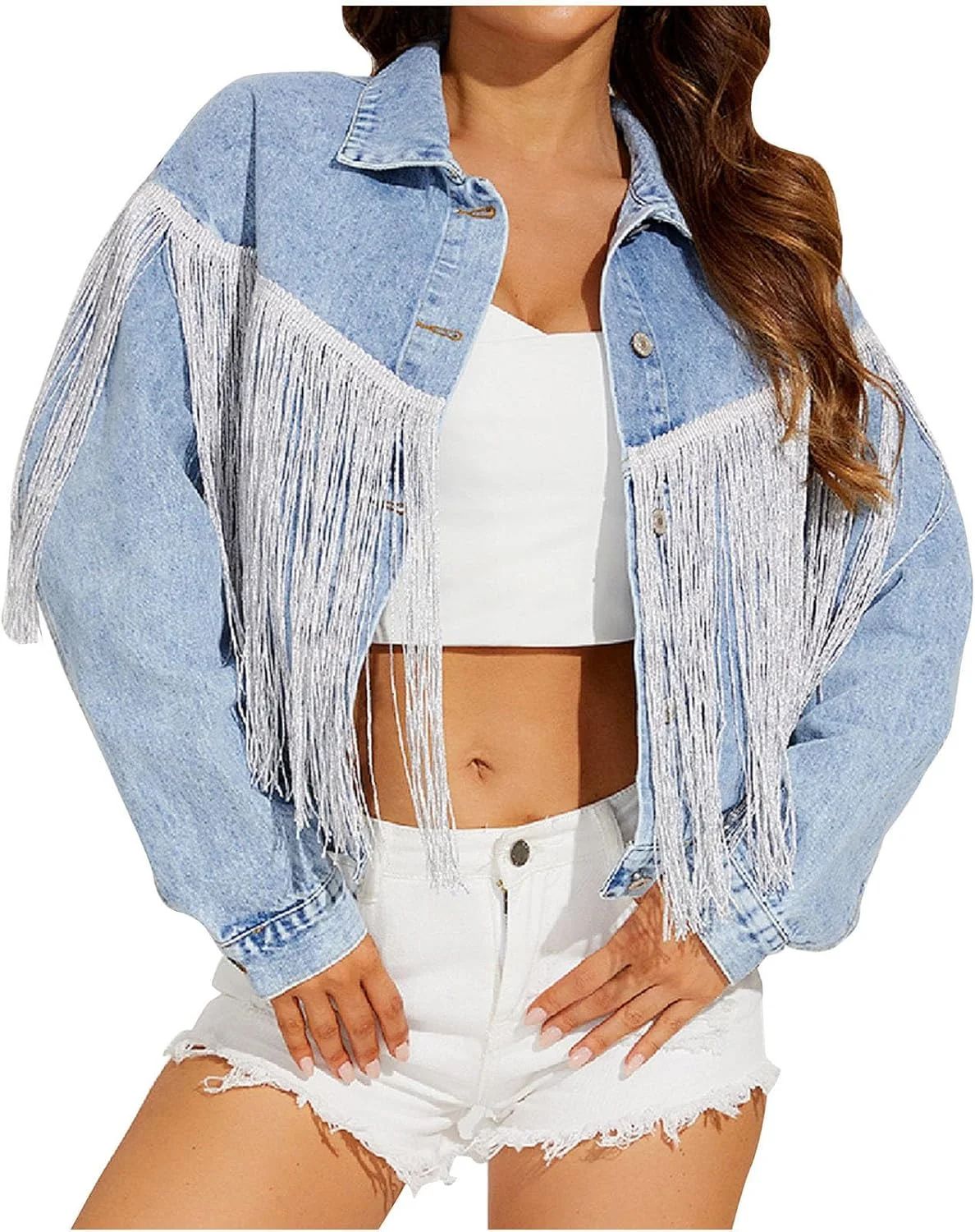 Women's Fringe Jean Jacket Tassel Casual Crop Denim Jackets Long Sleeve Western Cowgirl Coats But... | Walmart (US)