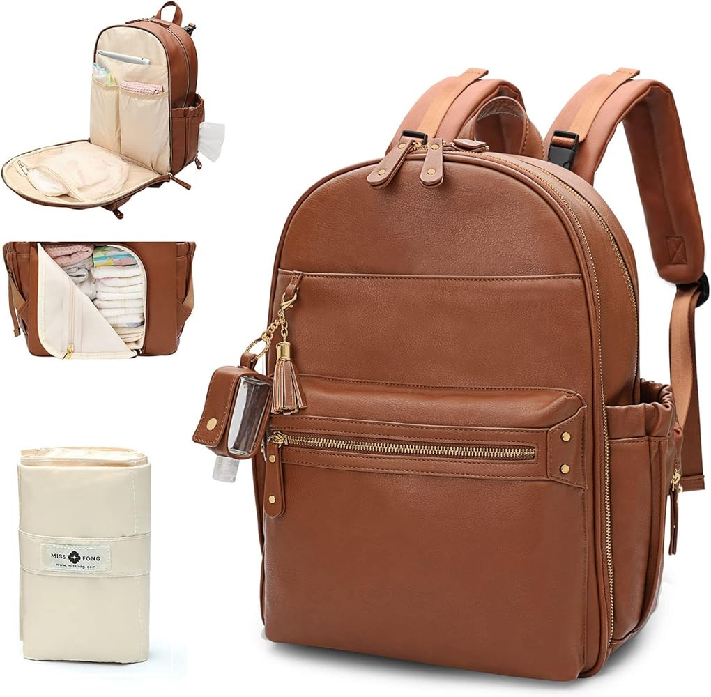 miss fong Leather Diaper Bag Backpack Diaper Bag Purse, Baby Diaper Bag for Mom dad with 12 Diape... | Amazon (US)