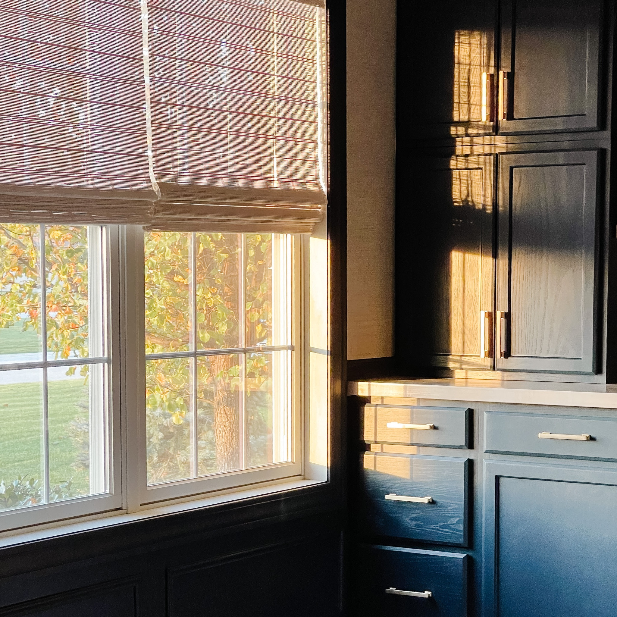 Morning in the office 🖤 that sunshine through my favorite bamboo shades😍☀️

Bamboo shades, office built in cabinets and desk, office storage, linen print wallpaper 
Paint color : Valspar Chimney Smoke 

#LTKstyletip #LTKhome #LTKFind