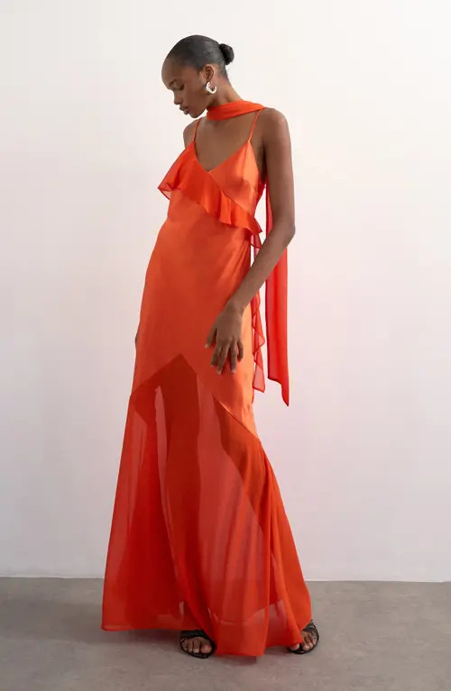 Topshop Satin & Chiffon Ruffle Maxi Slipdress in Orange at Nordstrom, Size 10 Us | Nordstrom