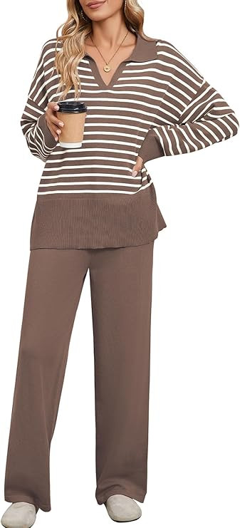 Pink Queen Sweater Sets for Women 2 Piece Long Sleeve Collar V Neck Sweatsuit Knitted Stripe Paja... | Amazon (US)
