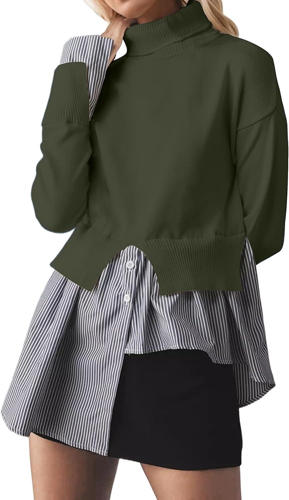 MISSACTIVER Women Slit Turtleneck Patchwork Sweater 2 in 1 Buttons Down Pullover Knit Sweater Asy... | Amazon (US)