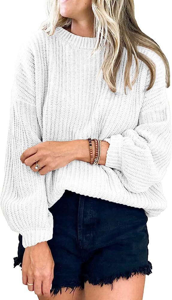 PRETTYGARDEN Women's Crew Neck Loose Drop Shoulder Lantern Sleeve Casual Solid Color Knit Pullover S | Amazon (US)