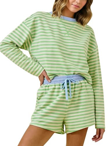 MISSACTIVER Striped Lounge 2 Piece Sets for Women Long Sleeve T Shirts Drawstring Shorts Loose Matching Pajamas Set Light Green | Amazon (US)