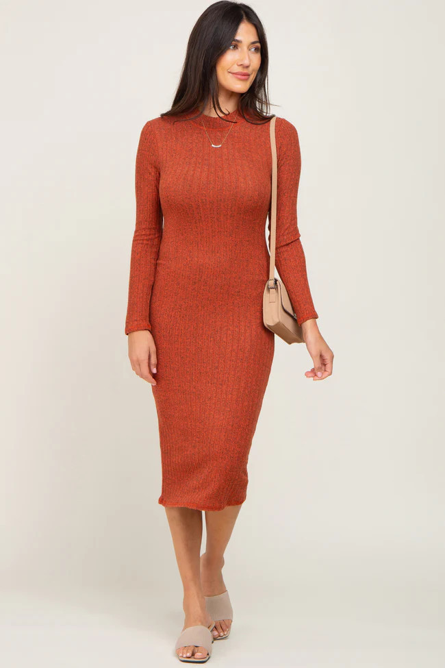 Rust Brushed Knit Long Sleeve Mock Neck Dress | PinkBlush Maternity