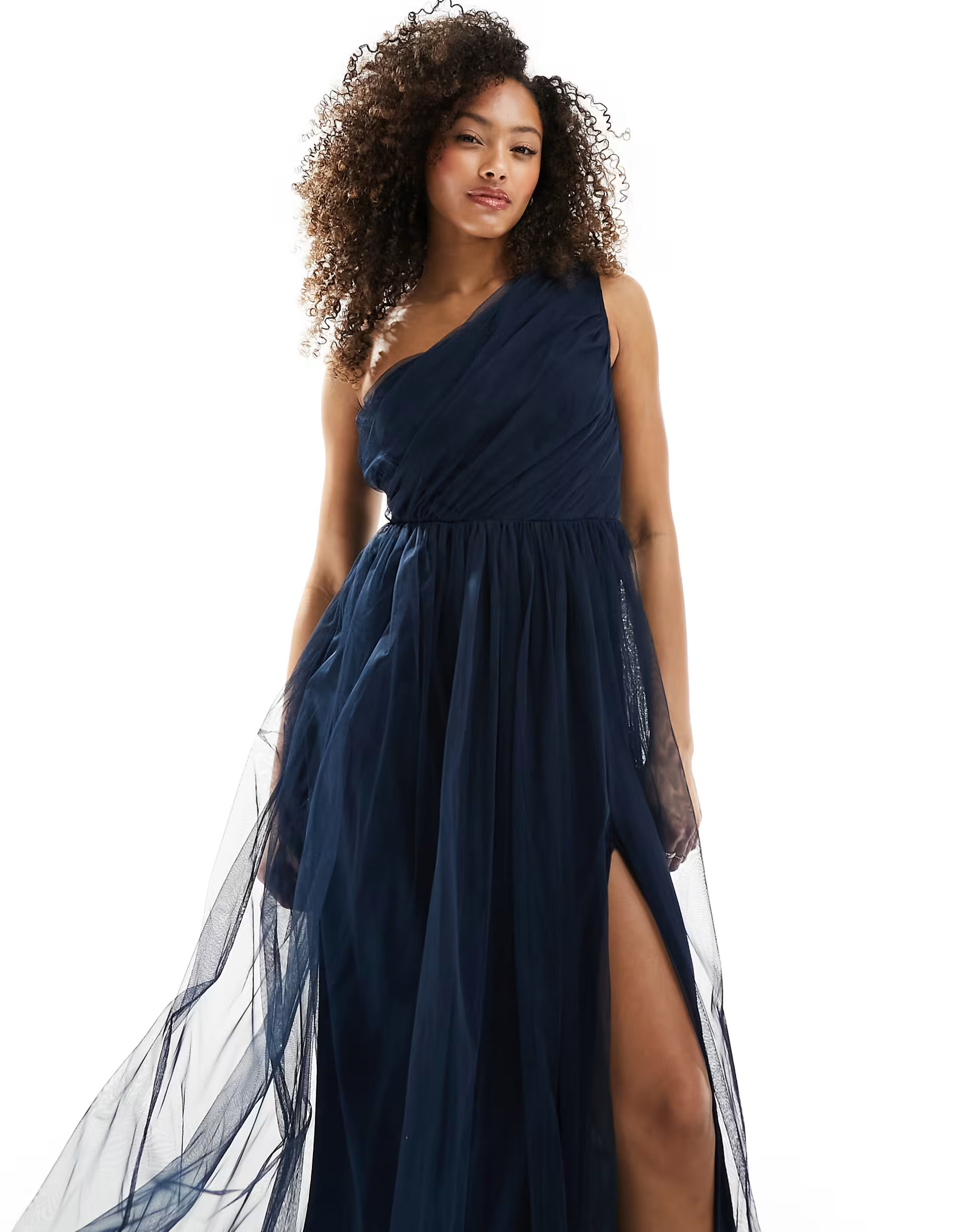 Anaya - Vestito lungo da damigella in tulle blu navy monospalla | ASOS (Global)