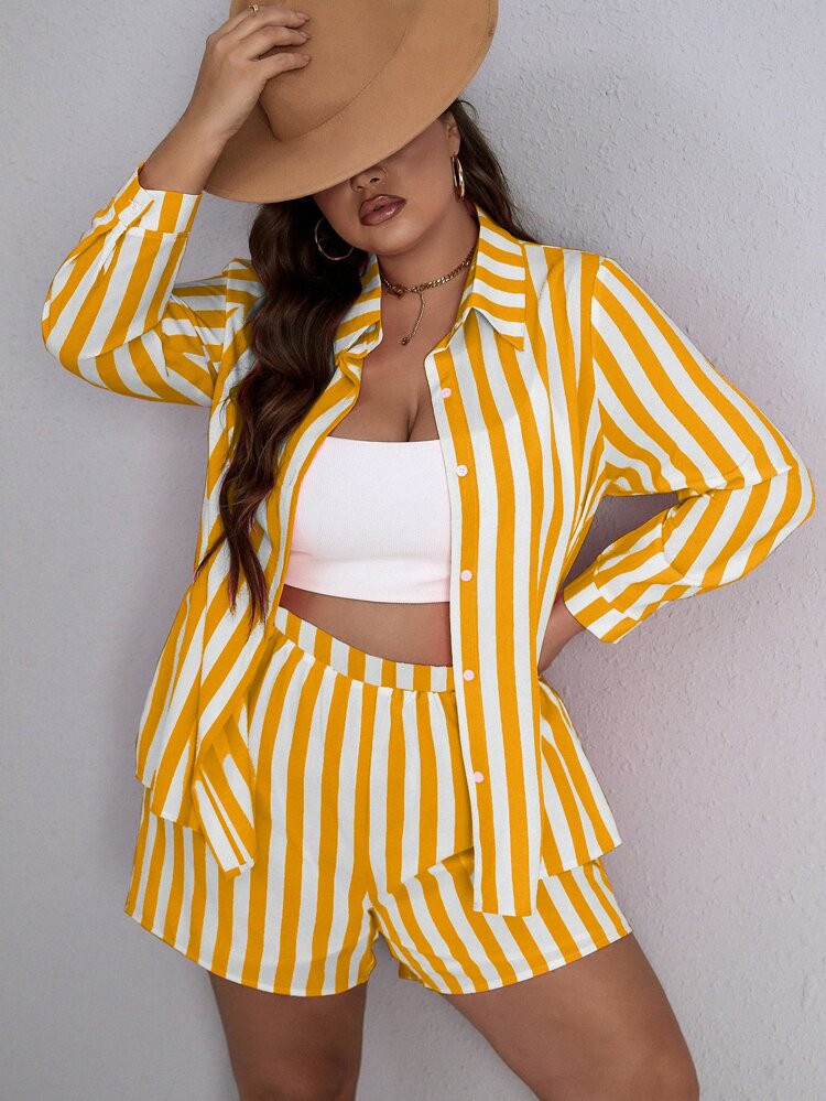 Plus Striped Print Blouse & Shorts | SHEIN