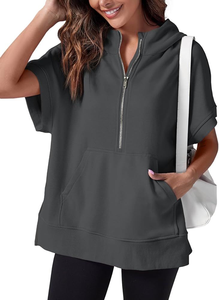 Fisoew Womens Oversized Half Zip Hoodies Short Sleeve Casual Sweatshirts Pullover Tops with Pocke... | Amazon (US)