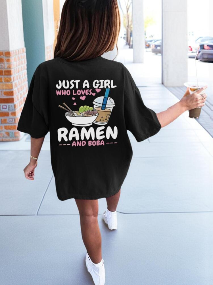 Valentine's Day Girls' Casual Printed Round Neck Short Sleeve T-Shirt, Cute Bubble Tea & Noodle Pattern Tee, Summer Tops For Young Women | SHEIN