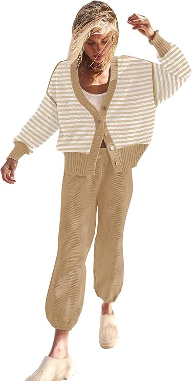 SAUKOLE Womens Two Piece Outfits Knit Sweater Sets Oversized Button Down Cardigan and Long Pants ... | Amazon (US)
