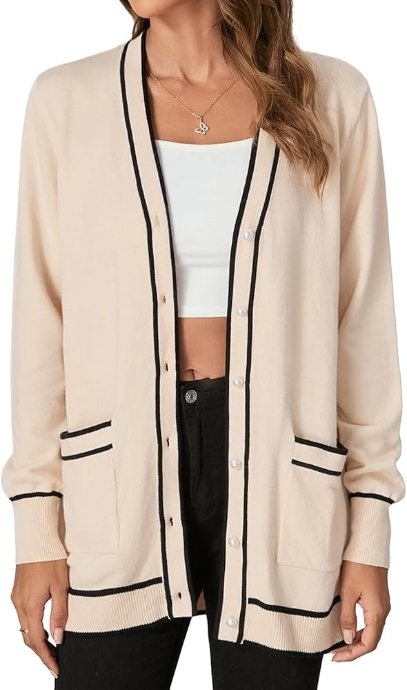 Verdusa Women's Contrast Binding Button Front Long Sleeve Knitted Cardigan Sweater | Amazon (US)