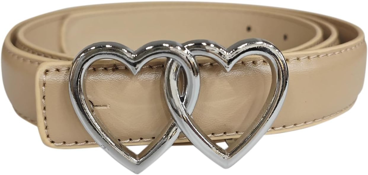 Women Reversible Faux Leather Belts, 0.9" Width Belt with Metal Double Hearts Ring Buckle Waistba... | Amazon (US)