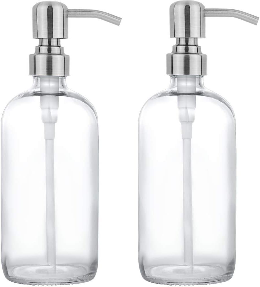 2 Pack Thick Clear Glass Pint Jar Soap Dispenser with Silver Stainless Steel Pump, 16ounce Clear ... | Amazon (US)