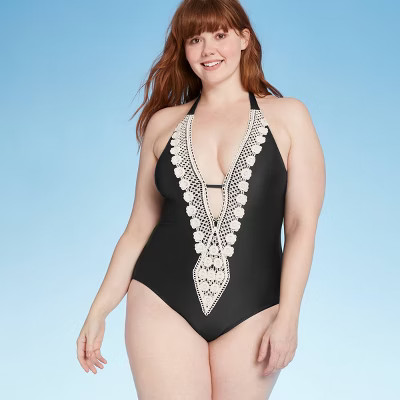 Women's Crochet Trim Plunge One Piece Swimsuit - Kona Sol™ | Target