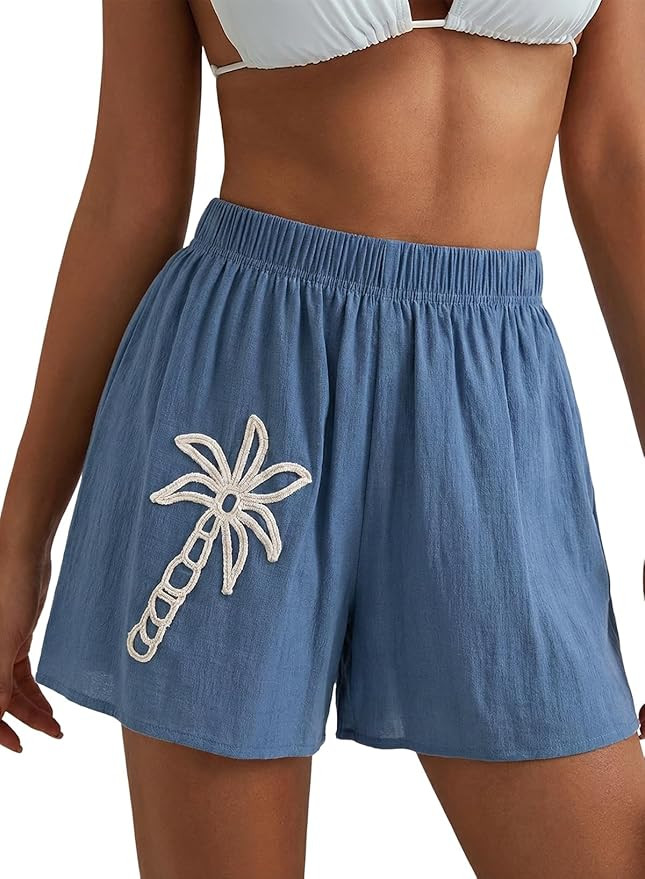 Dokotoo Women's Beach Cover Up Shorts Casual Elastic Waist Embroidery Shorts Vacation Outfit Reso... | Amazon (US)