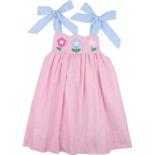 Pink And Blue Gingham Applique Flower Dress | Cecil and Lou