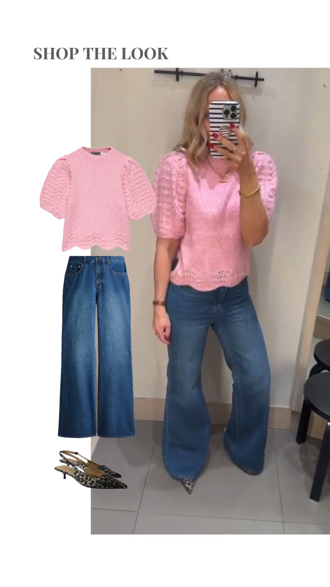 Shop the look! Mint Velvet outfit idea, Pink Stitch Sleeve Knit Top, spring fashion, spring outfit ideas, blue H&M wide leg jeans, casual style, leopard print heels, white shirt, easy outfit idea, transitional style, knitwear, baby pink 

 

#LTKuk #LTKspring #LTKstyletip