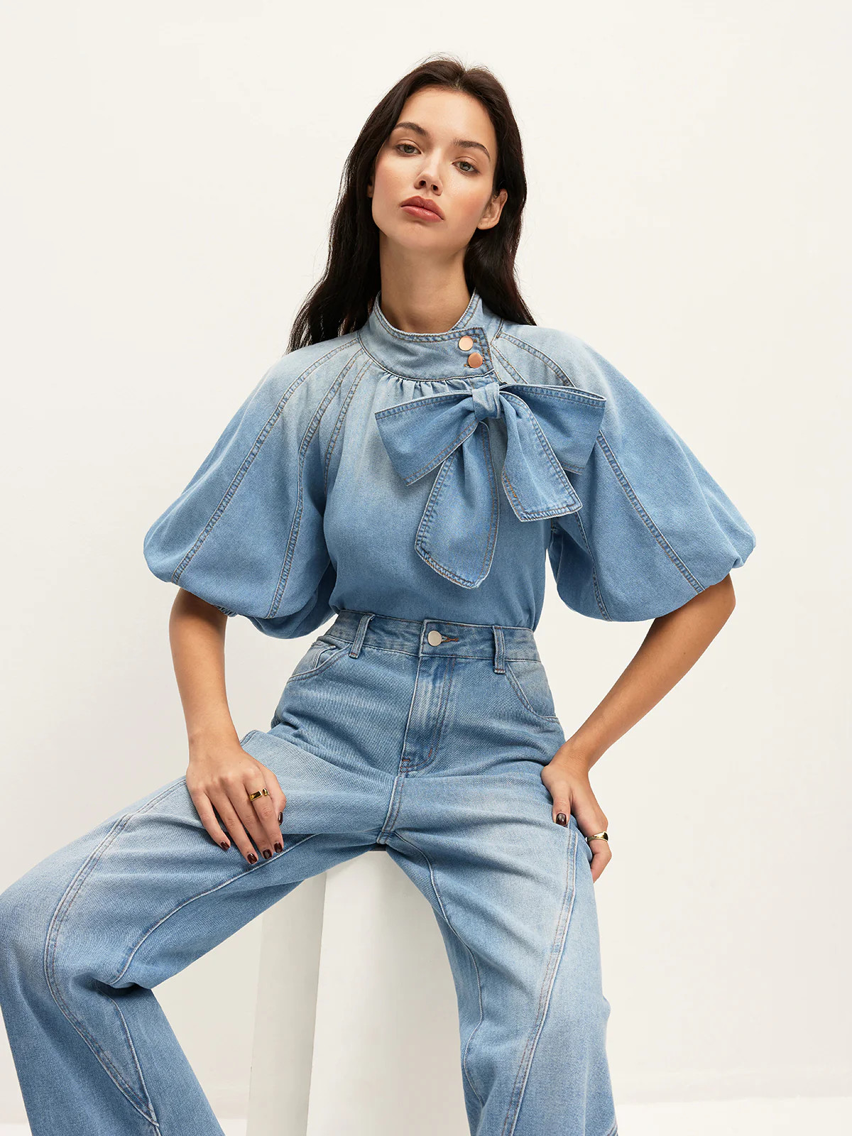 Denim Puff-Sleeve Top With Bow Detail | Commense