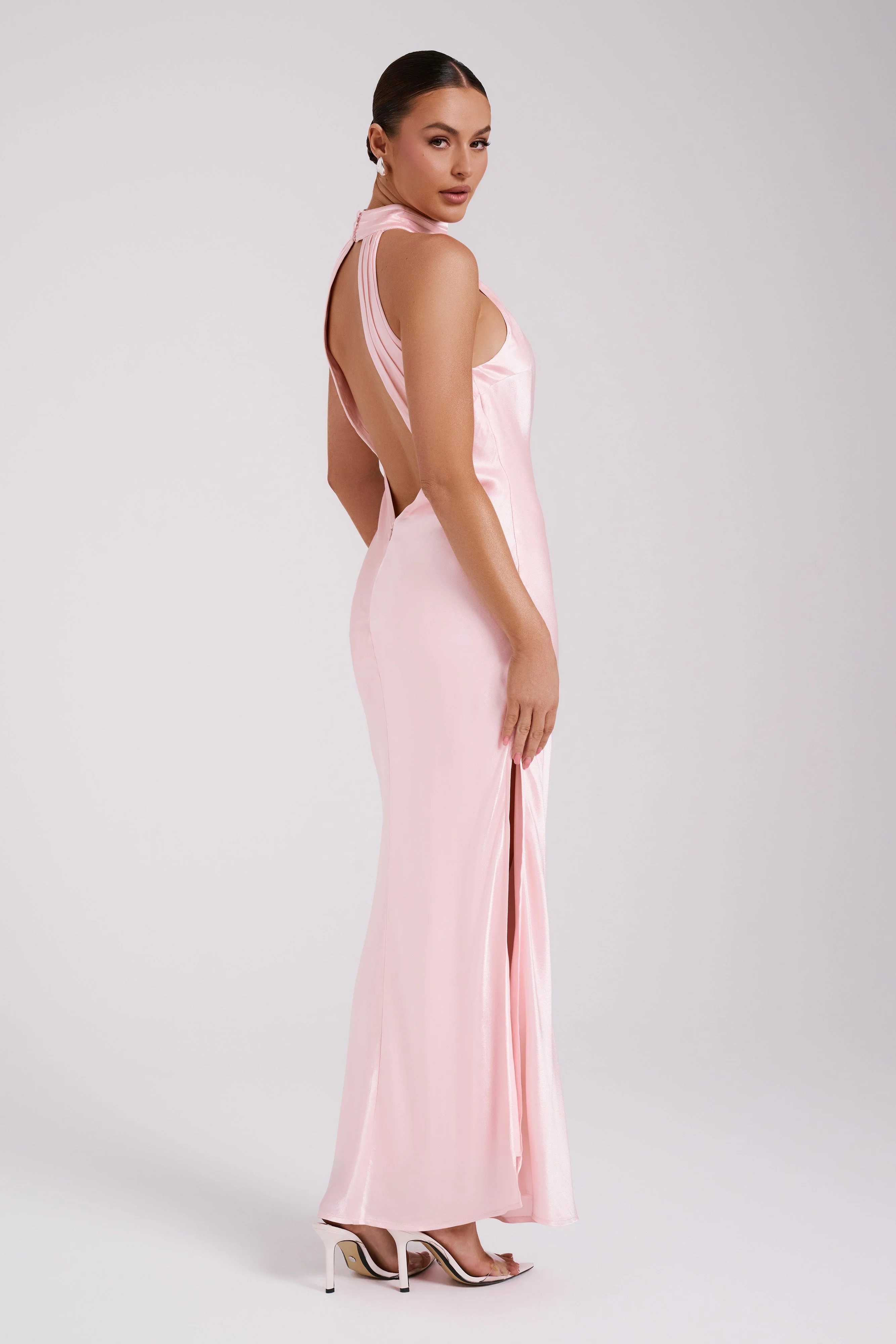 Claire Satin Drape Back Maxi Dress - Rosewater | MESHKI US