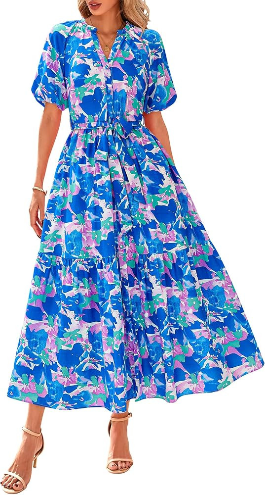 BTFBM Women Summer Fall Boho Maxi Dress Casual Floral Puff Short Sleeve V Neck Button Belt Flowy ... | Amazon (US)