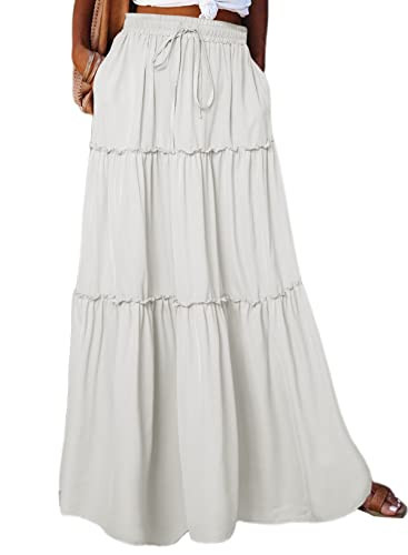 Happy Sailed Womens Retro Boho High Waist Elastic Waist A Line Flowy Long Maxi Beach Skirts with Pockets White Small | Amazon (US)