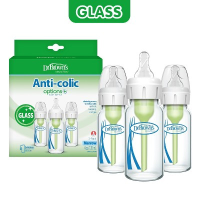 Dr. Brown's Anti-Colic Narrow Glass Options+ Baby Bottles - 4 fl oz/3pk: Level 1 Slow Flow, BPA-Free, Silicone Nipple | Target