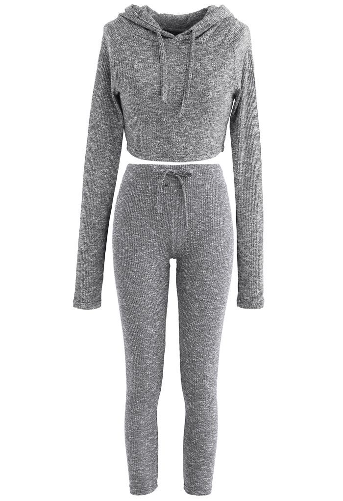 Knit Hooded Crop Top and Leggings Set in Grey | Chicwish