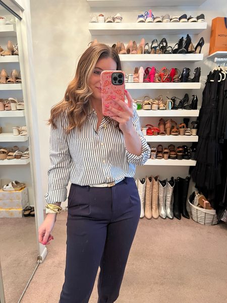 Women’s button down shirt on sale, striped button down shirt, dress pants, jogger style pants, joggers, gold platform sandals, casual outfit, spring outfit, gold jewelry, initial necklace, casual workwear 


#LTKstyletip #LTKsalealert #LTKfindsunder50
