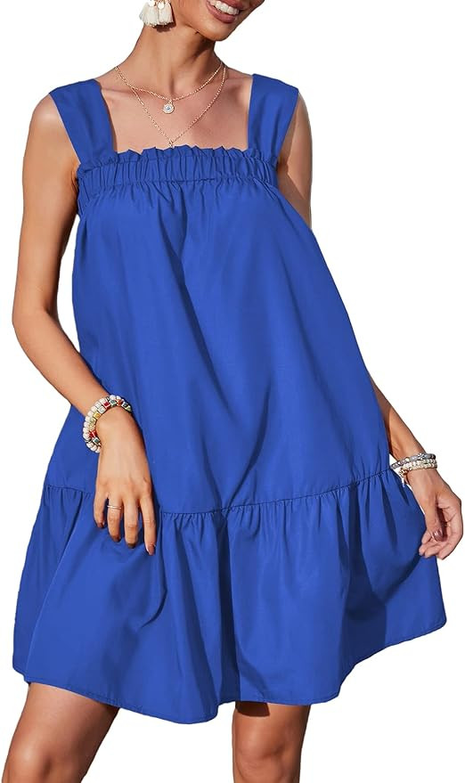 Verdusa Women's Frilled Square Neck Sleeveless Ruffle Hem Mini Smock Dress | Amazon (US)