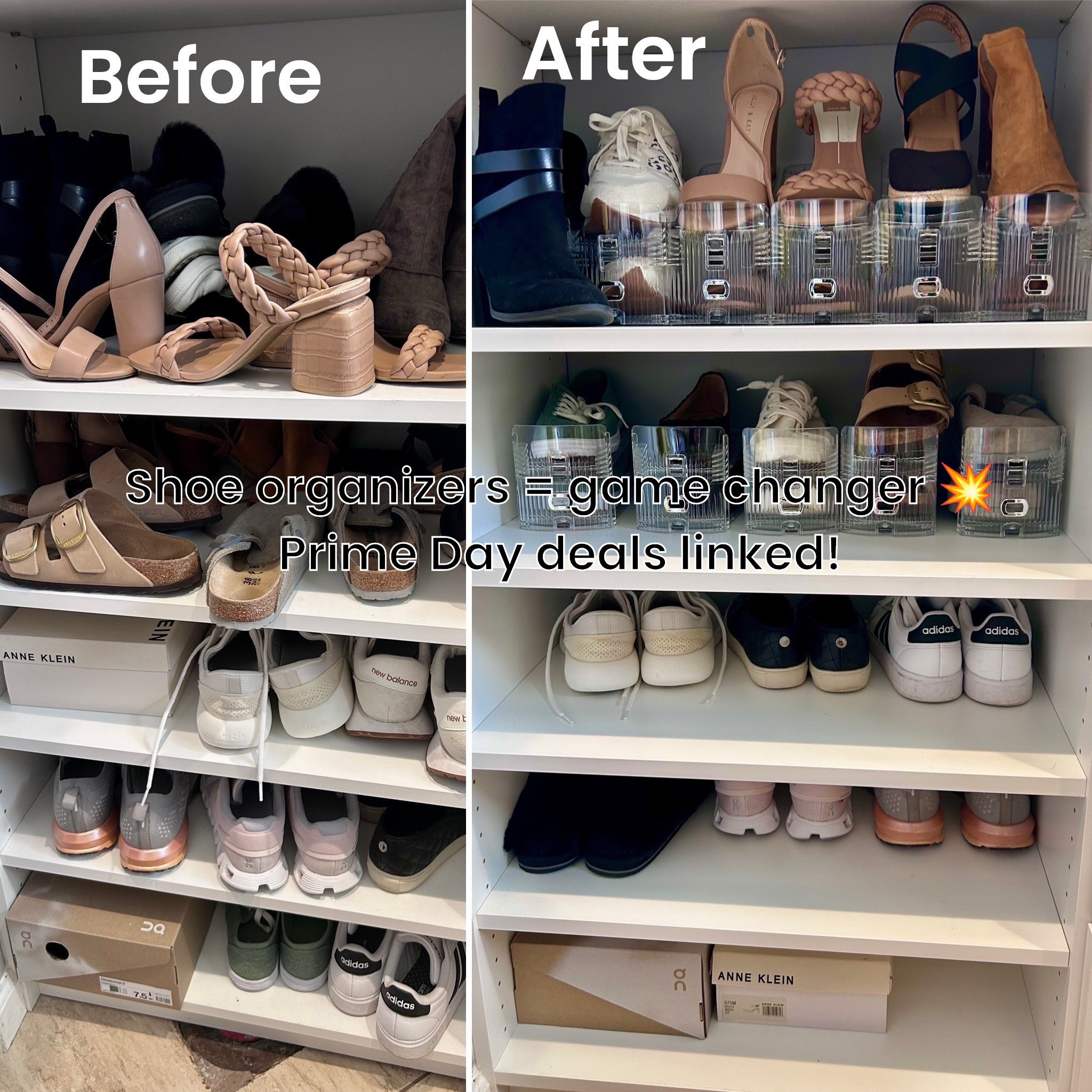 Closet before and after 👀➡️🙌 and all it took was a little Prime Day magic 🙏 These shoe organizers completely transformed the space—linked my exact picks while they’re still majorly on sale! 🛒✨

#LTKFindsUnder100 #LTKShoeCrush #LTKSaleAlert