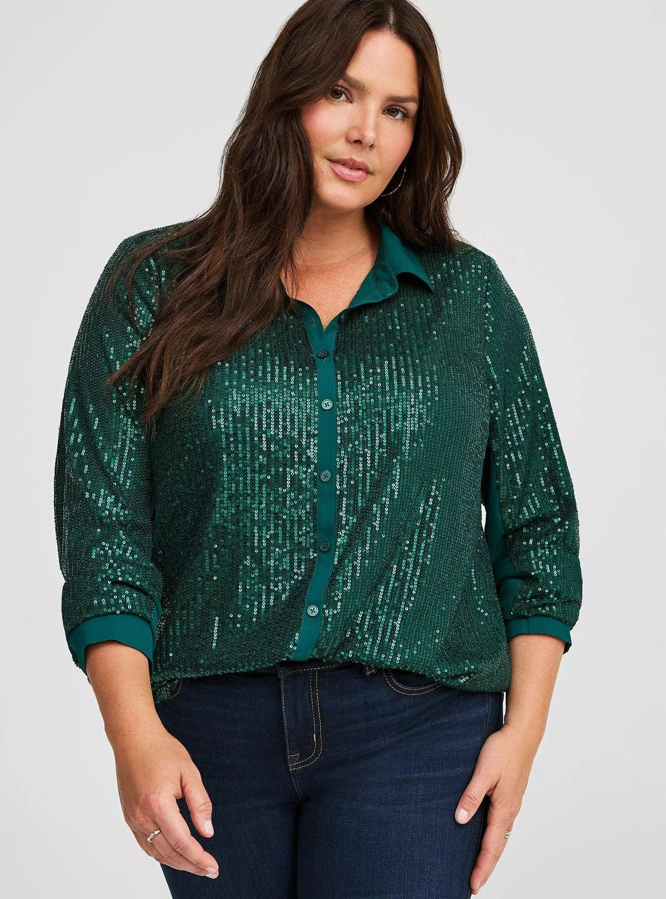 Madison Sequin Button-Front Long Sleeve Shirt | Torrid (US & Canada)