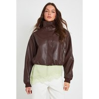 boohoo Women's Funnel Neck Zip Pockets Faux Leather Jacket in Chocolate | Size: 12 | Denim/Faux Leather | boohoo (US & Canada)