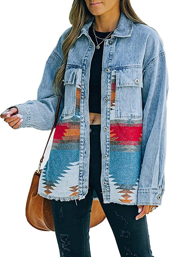 Lumister Women's Aztec Denim Jacket Distressed Lapel Long Sleeve Vintage Button Down Denim Jacket... | Amazon (US)