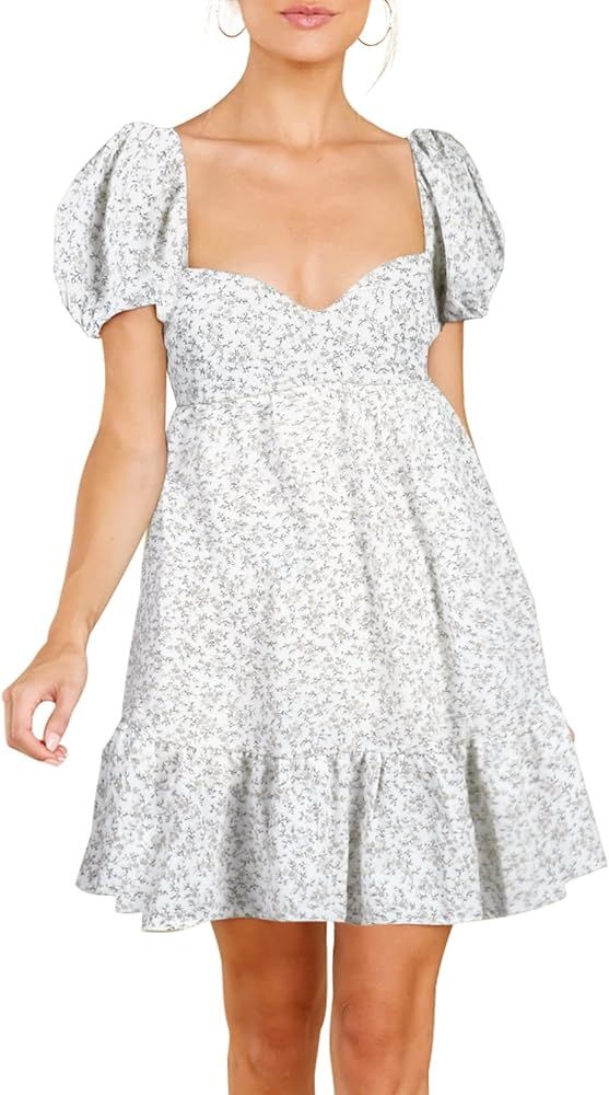 BELONGSCI Women's 2024 Summer Dress,Square & Sweetheart Neck Dress Short Puff Sleeve A-Line Casua... | Amazon (US)