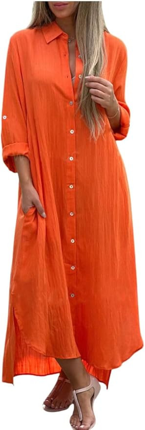 HOTYD Womens Button Down Collared Shirt Dress Loose Fit V Neck Long Sleeve Maxi Dress with Pocket... | Amazon (US)