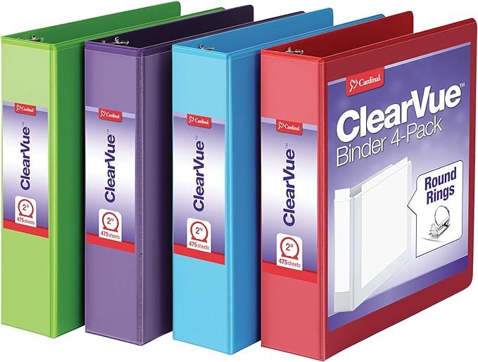 Cardinal 3 Ring Binders, 2 Inch Binder with Round Rings, Holds 475-Sheets, ClearVue Covers, Non-S... | Amazon (US)