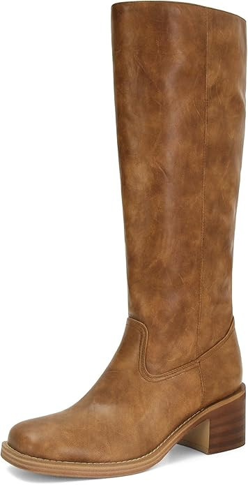 Womens Banana Knee High Boots Square Toe Comfortable Campus Boots Block Heel Riding Boots Wide Ca... | Amazon (US)