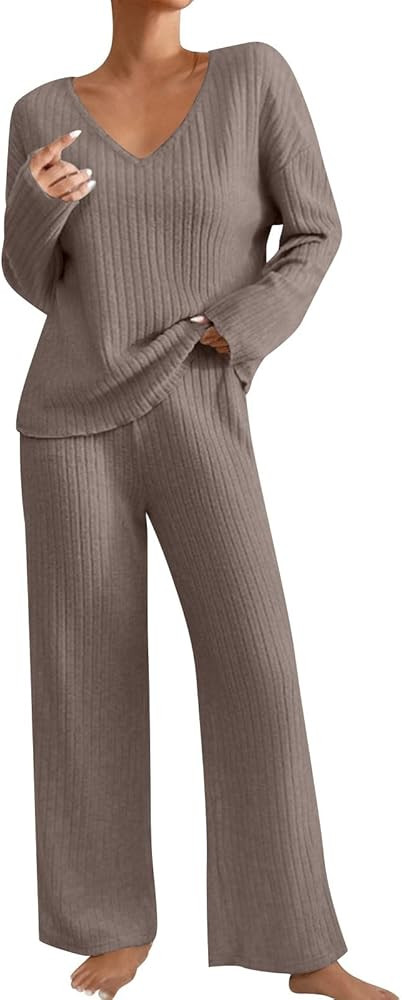 2 Piece Sets for Women Fall Knit Sets Casual Long Sleeve V Neck Top Wide Leg Pants Fall Winter Ri... | Amazon (US)
