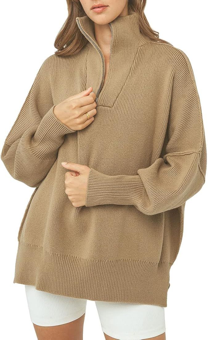 LILLUSORY Women's Long Sleeve 1/4 Zipper Collar Drop Shoulder Oversized Split Hem Slouchy Sweatshirt | Amazon (US)