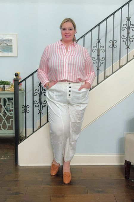 White pants are a favorite warm weather staple of mine, I paired with loafers and a button down for a preppy / coastal grandmother look 

#LTKplussize #LTKstyletip #LTKworkwear