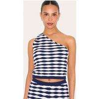 Petite Navy Knitted One Shoulder Striped Long Fitted Top | PrettyLittleThing US