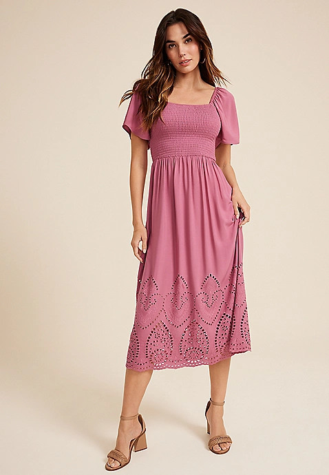 Smocked Eyelet Midi Dress | Maurices