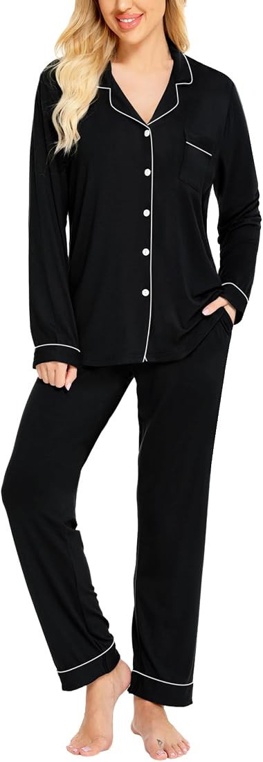 SWOMOG Womens Pajamas Set Long Sleeve Sleepwear Button Down Nightwear Soft Cotton Pj Lounge Sets | Amazon (US)