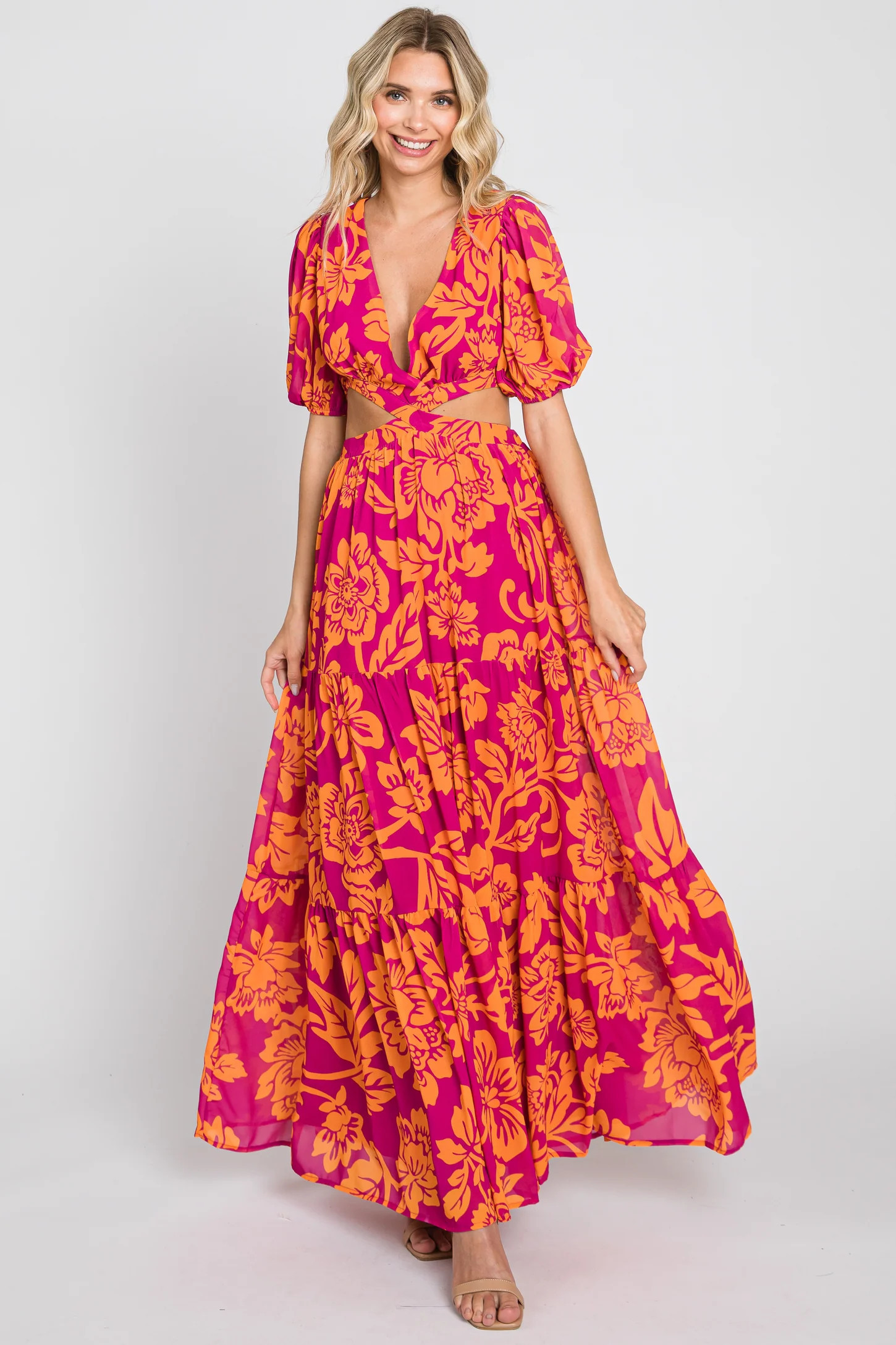 Fuchsia Tropical Floral Side Cutout Tiered Maxi Dress | PinkBlush Maternity