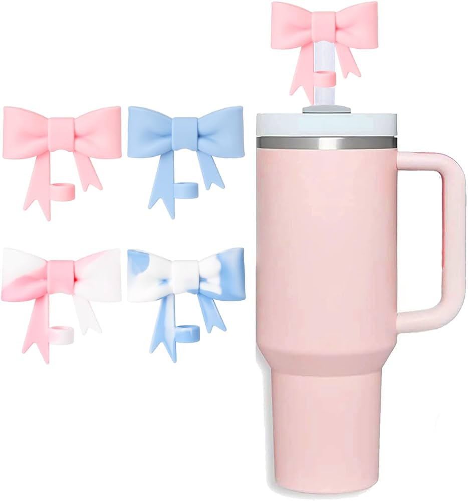 Pink Bow Straw Cover Topper for Stanley Cup,Silicone Blue Straw Toppers for Tumbler with Handle 4... | Amazon (US)
