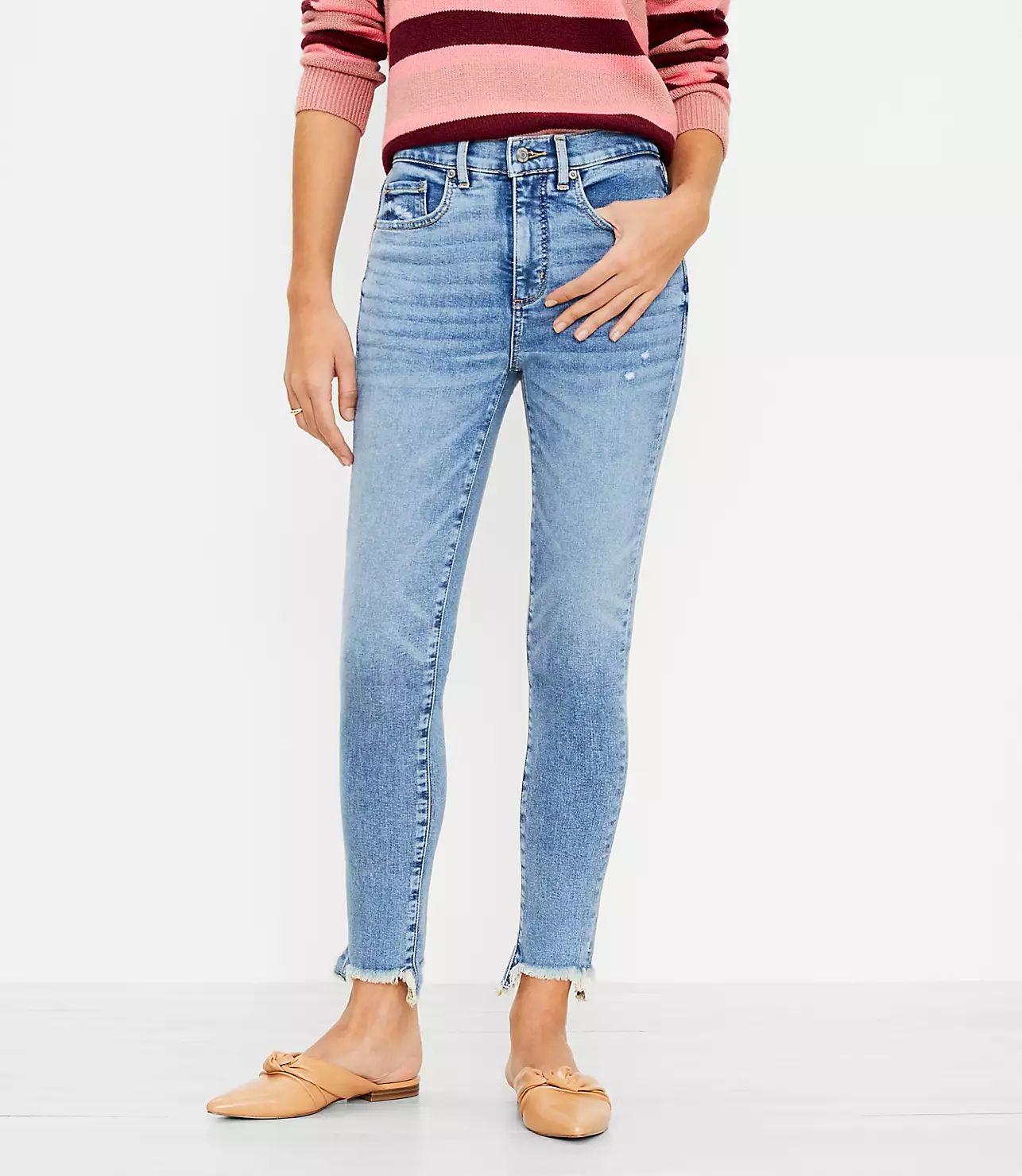 Chewed Hem Mid Rise Skinny Jeans in Authentic Indigo | LOFT