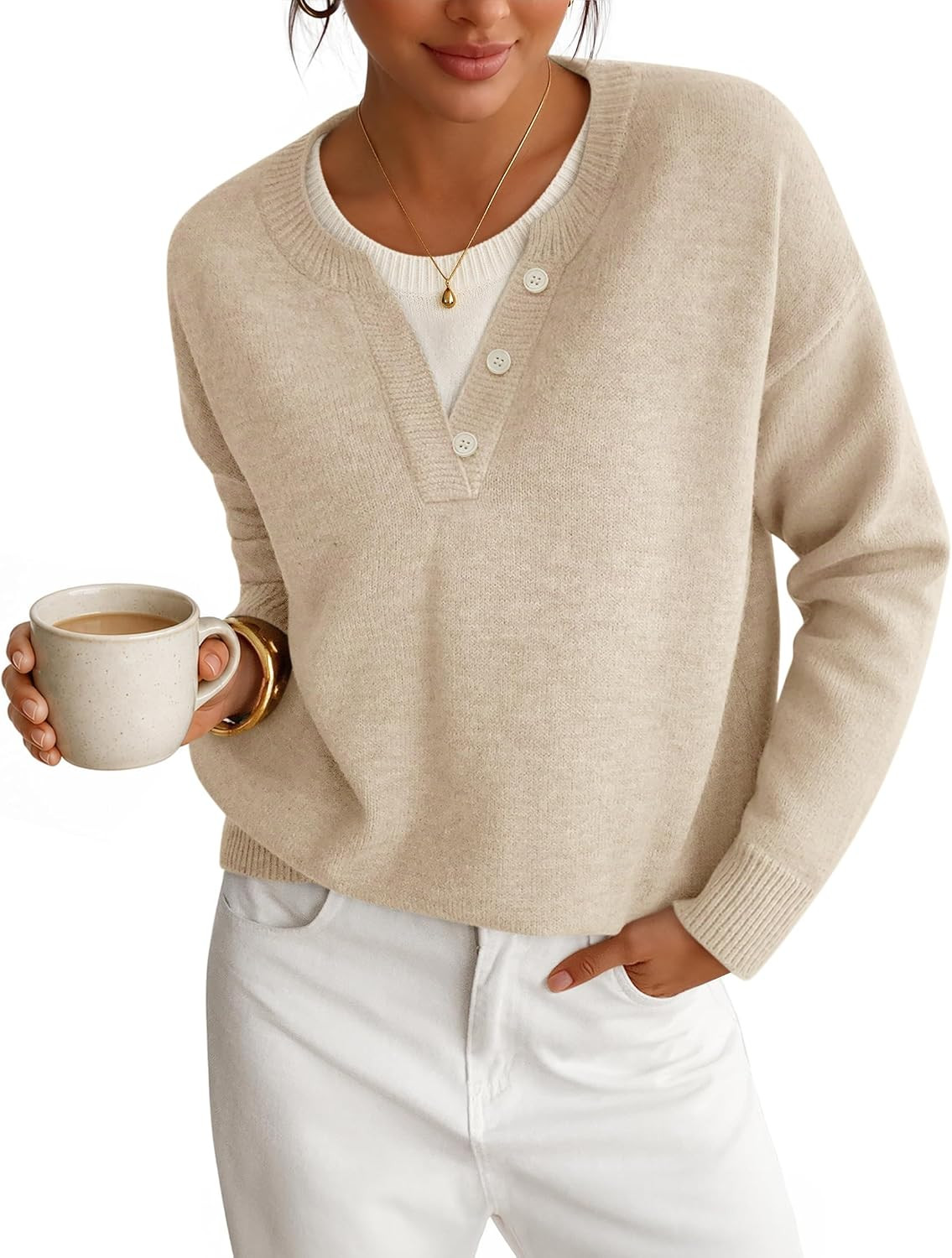 ZESICA Women's Fall Winter Henley Neck Oversized Sweater Tops | Amazon (US)